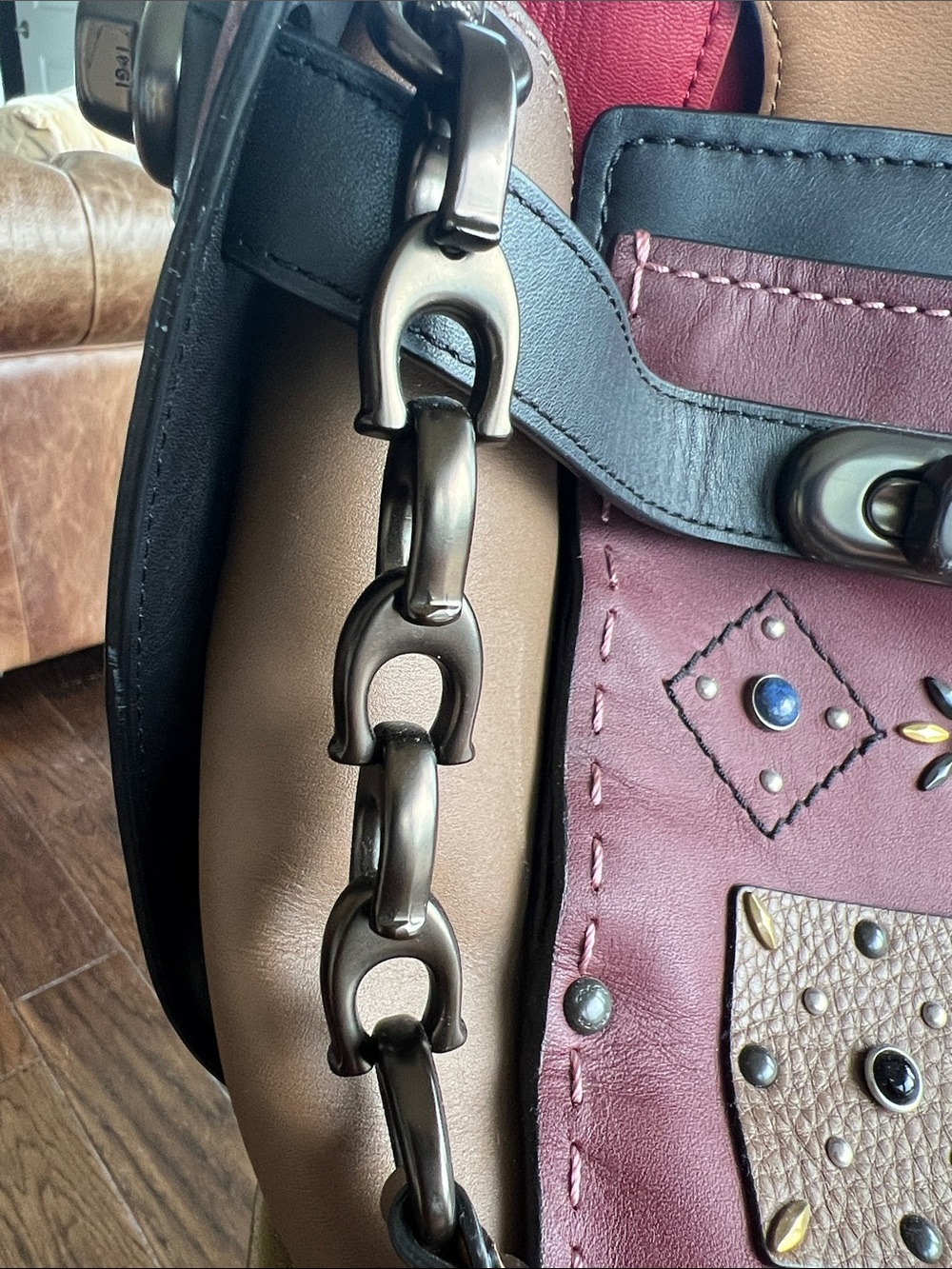 COACH Burgundy Leather Studded Satchel with Multicolor Accent Studs View 2